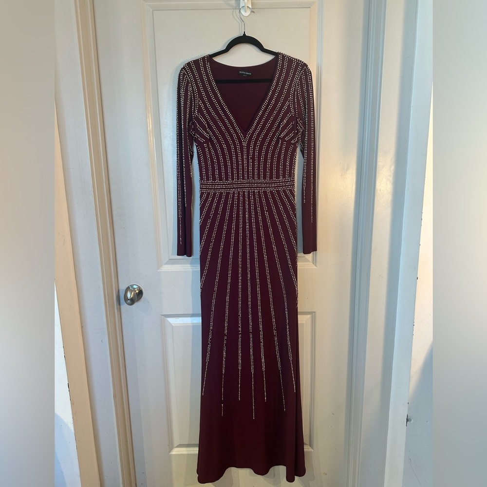 Boston Prooer Oxblood Red/Maroon Sequin Rhinestone Mermaid Maxi Formal Dress, 10